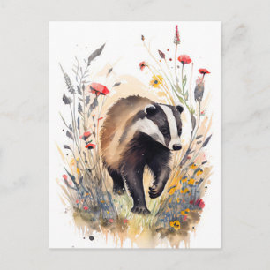 Watercolor Badger Running Through a Flower Meadow Postcard