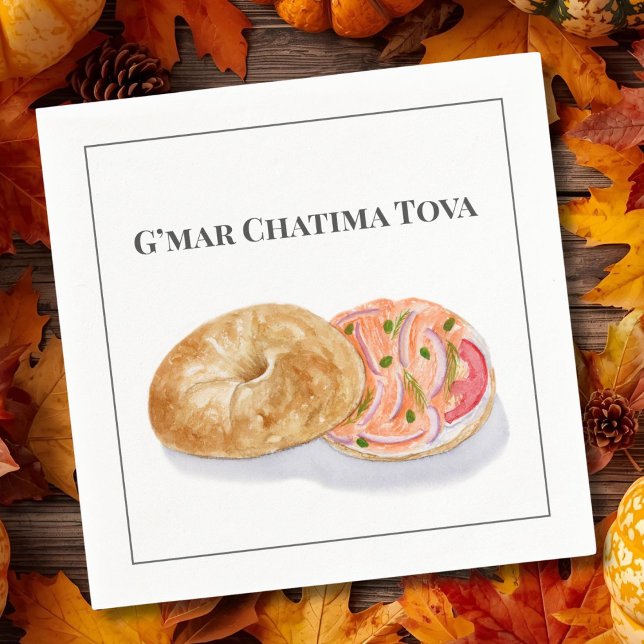 Watercolor Bagels Smoke Salmon G’mar Chatima Tova Napkin (Creator Uploaded)