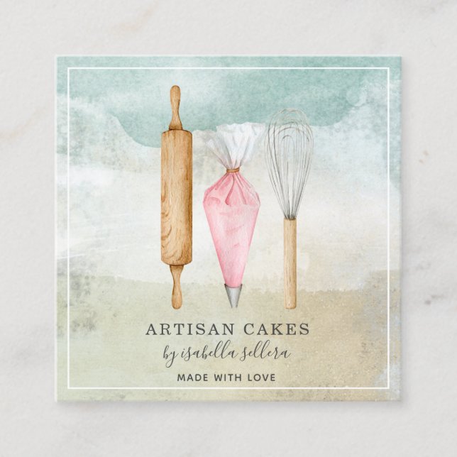 Watercolor Baker Bakery Pastry Chef Utensils  Square Business Card (Front)
