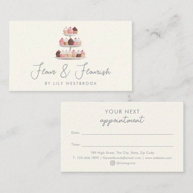 Watercolor Bakery Cupcake Treats Elegant Script  Appointment Card (Front/Back)
