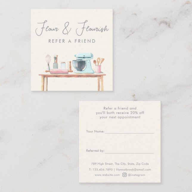 Watercolor Bakery Pastry Chef Elegant Script Referral Card (Front/Back)