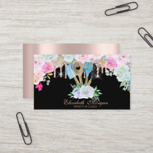 Watercolor Bakery Tools Flowers Rose Gold Drips  Business Card
