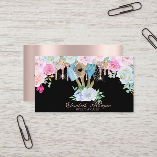 Watercolor Bakery Tools Flowers Rose Gold Drips  Business Card (Front/Back In Situ)
