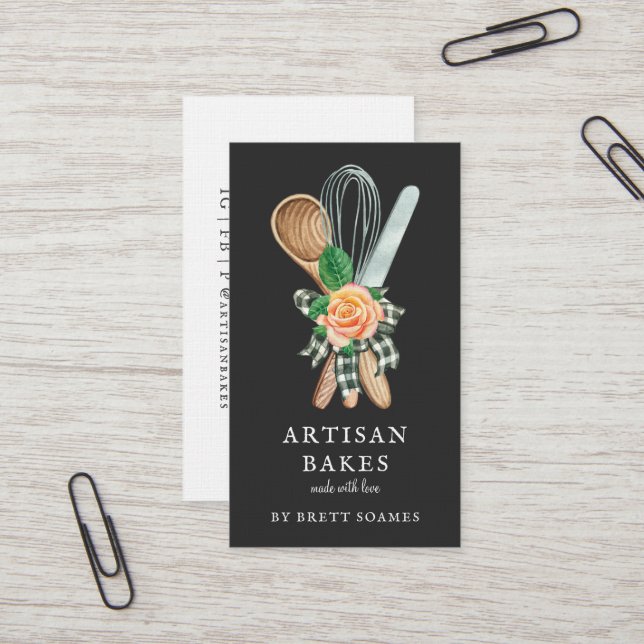 Watercolor Baking Baker Cooking Utensils Black Business Card (Front/Back In Situ)