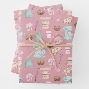 Watercolor Baking on Pink Wrapping Paper Sheet