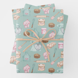 Watercolor Baking on Sage Green Wrapping Paper Sheet
