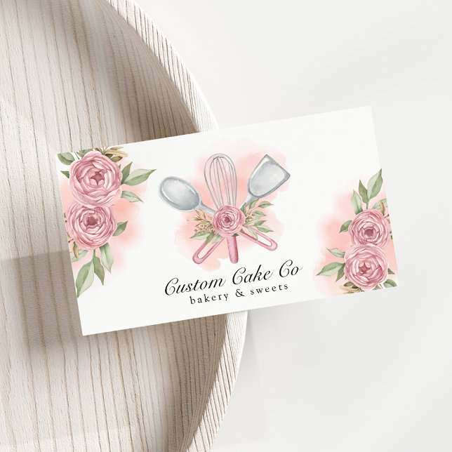 Watercolor Baking Tools Bakery Pink Business Card (Creator Uploaded)