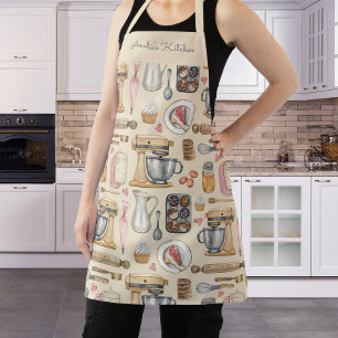 Watercolor Baking Tools Pattern Beige Apron