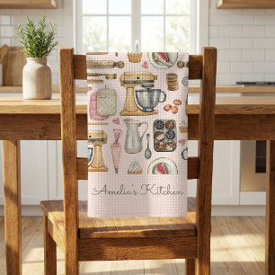 Watercolor Baking Tools Pattern Pink Personalised Tea Towel