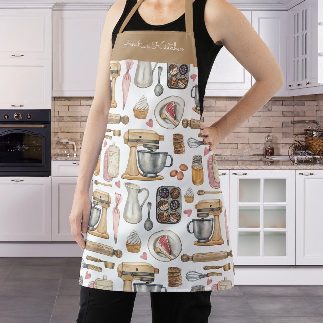 Watercolor Baking Tools Pattern White Brown Apron (Creator Uploaded)