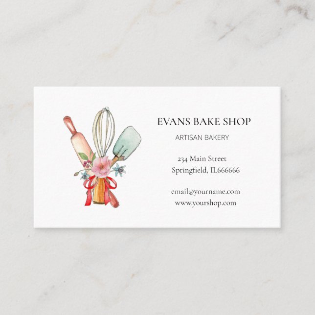 Watercolor Baking utensils bakery business card (Front)