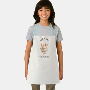 Watercolor Baking Utensils with Pink Flowers Apron
