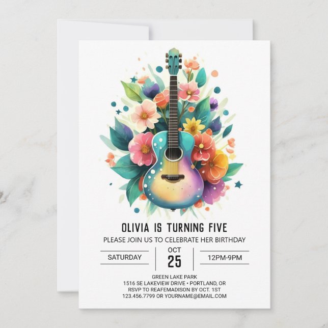 Watercolor Ballad Guitar Birthday Invitation (Front)