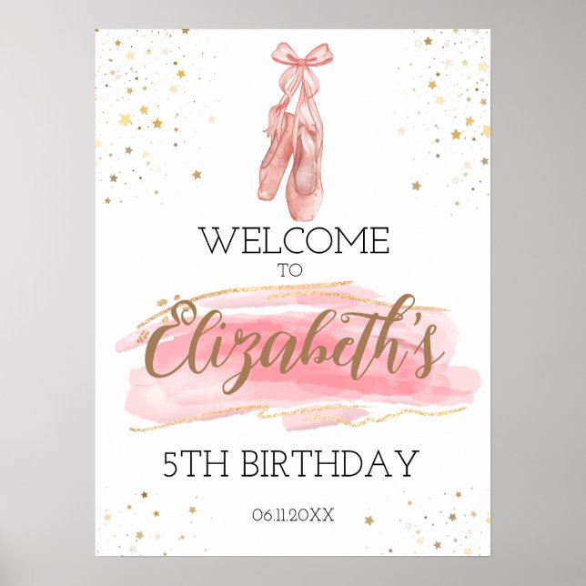 Watercolor Ballerina Birthday party Welcome Poster (Front)