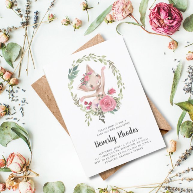 Watercolor Ballerina Cat Baby Shower Invitation (Creator Uploaded)