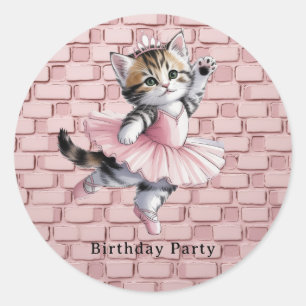 Watercolor Ballerina Kitten Girl Birthday Party Classic Round Sticker