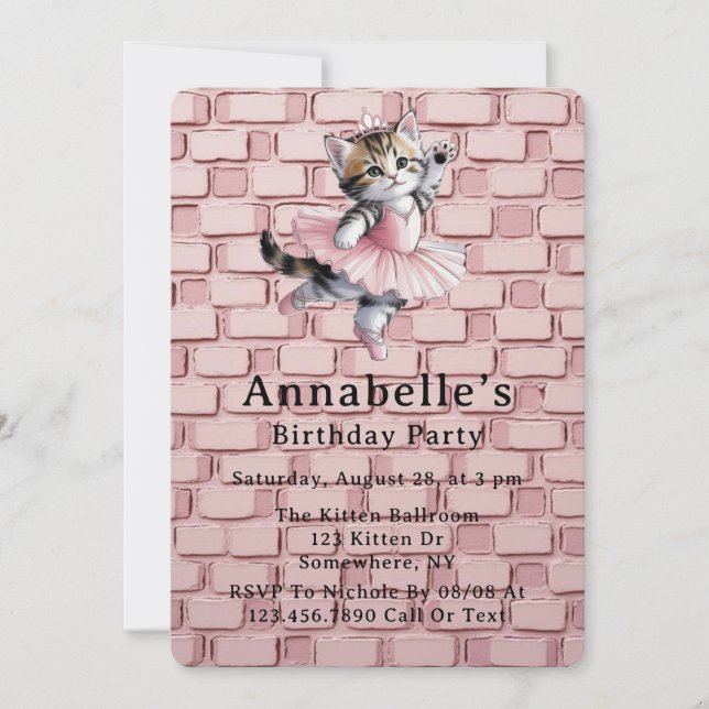 Watercolor Ballerina Kitten Girl Birthday Party Invitation (Front)