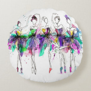 Watercolor Ballerinas: Bright Dance Illustration Round Cushion