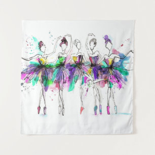 Watercolor Ballerinas: Bright Dance Illustration Tapestry