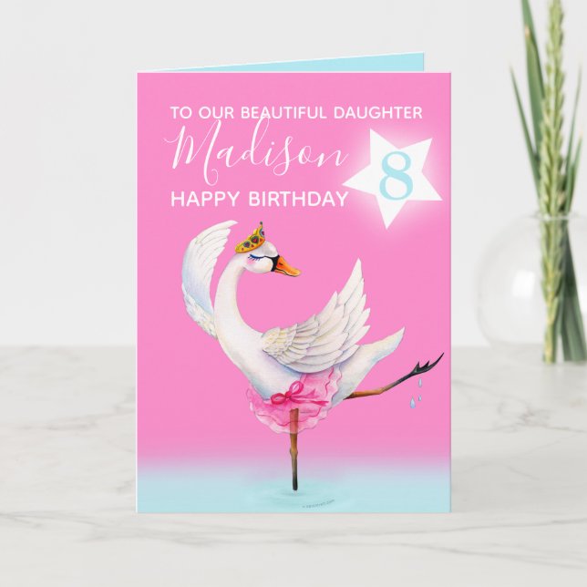 Watercolor ballet swan daughter 8th birthday card (Front)
