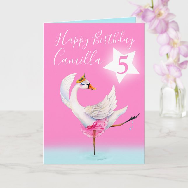 Watercolor ballet swan personalised 6th birthday card (Orchid)