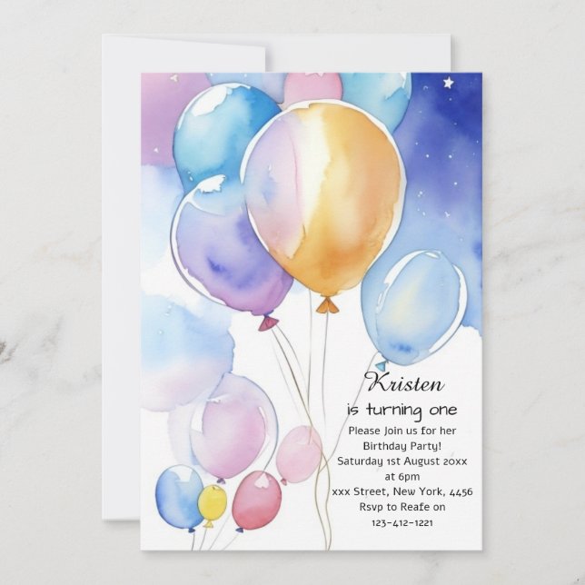 Watercolor Balloon 1st Birthday Invitation (Front)
