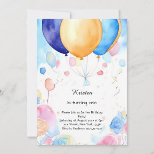 Watercolor Balloon 1st Birthday Invitation