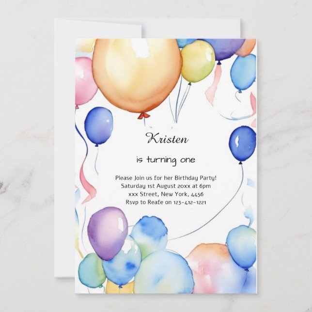 Watercolor Balloon 1st Birthday Invitation (Front)