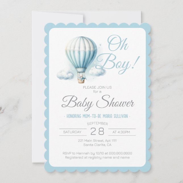 Watercolor Balloon & Bear Oh Boy Baby Shower Invitation (Front)