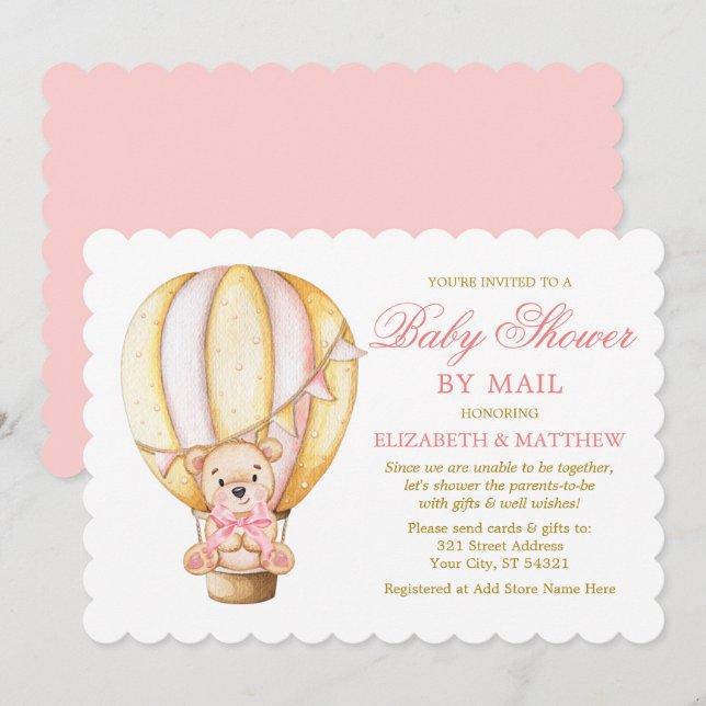 Watercolor Balloon Bear Pink Gold Shower by Mail Invitation (Front/Back)
