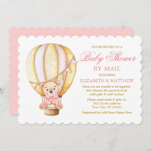 Watercolor Balloon Bear Pink Gold Shower by Mail Invitation