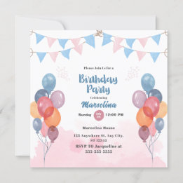 Watercolor Balloon birthday party Invitation Card