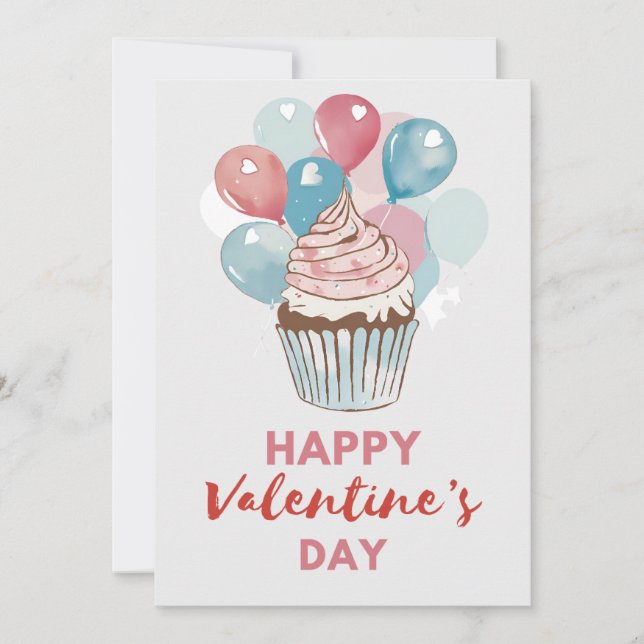 Watercolor Balloon Cupcake Valentine's Day Card (Front)
