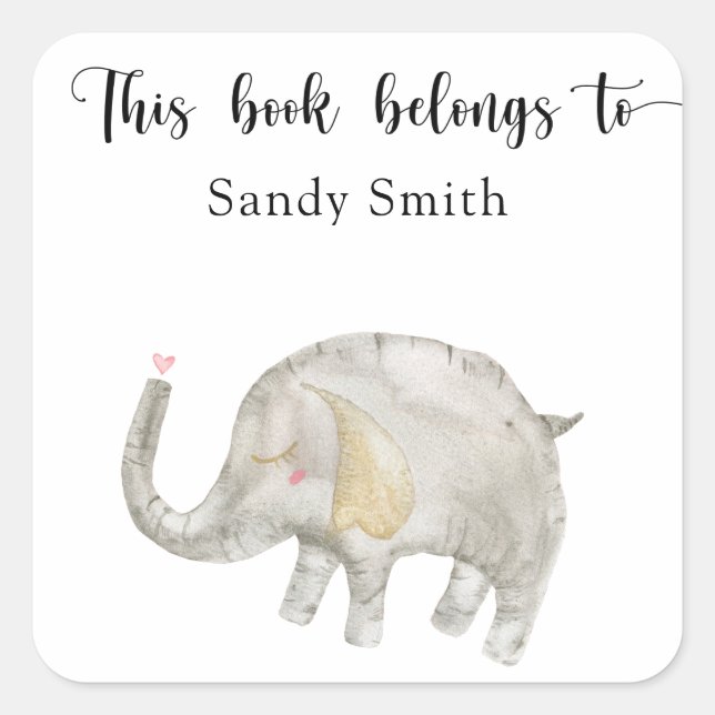 Watercolor balloon Elephant - this book belongs to Square Sticker (Front)