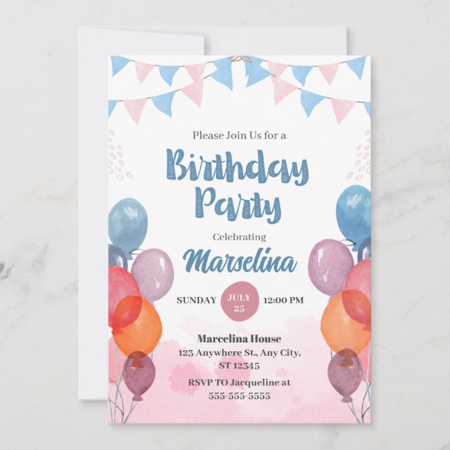Watercolor Balloon girl birthday Invitation Card  (Front)