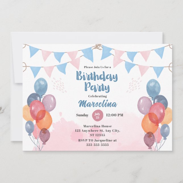 Watercolor Balloon girl birthday Invitation Card  (Front)
