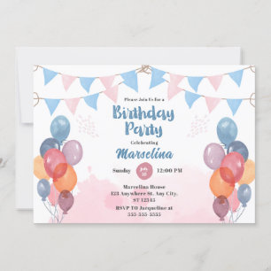 Watercolor Balloon girl birthday Invitation Card