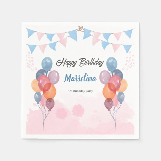 Watercolor Balloon girl birthday party  Napkin (Front)
