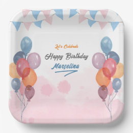 Watercolor Balloon girl birthday party Paper Plate