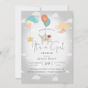 Watercolor Balloon Puppy Baby Girl Shower Invitation