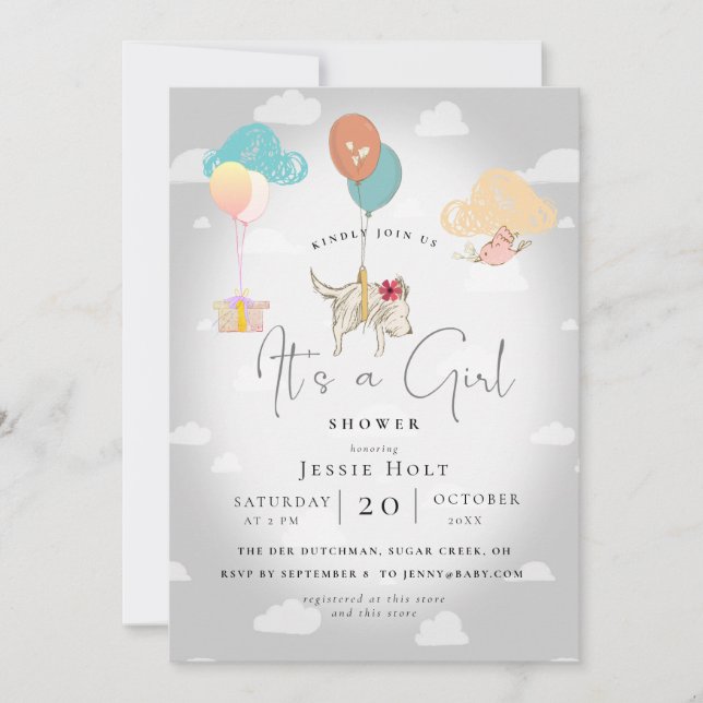 Watercolor Balloon Puppy Baby Girl Shower Invitation (Front)