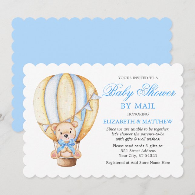 Watercolor Balloon Teddy Bear Blue Shower by Mail Invitation (Front/Back)