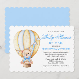 Watercolor Balloon Teddy Bear Blue Shower by Mail Invitation