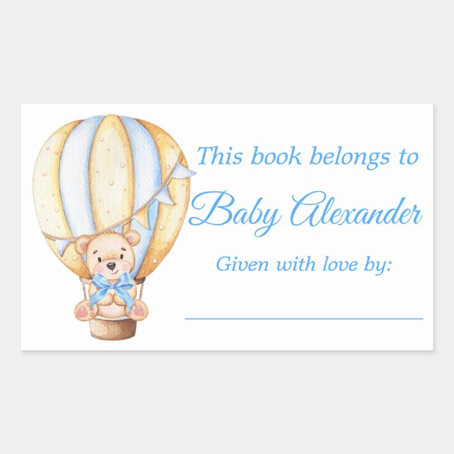Watercolor Balloon Teddy Bear Bookplate Labels (Front)