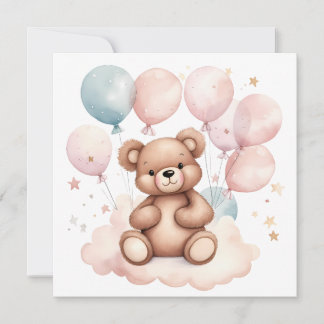 Watercolor Balloon Teddy Bear Invitation