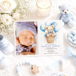 Watercolor Balloon, Teddy Bear, Photo Boy Baptism Invitation