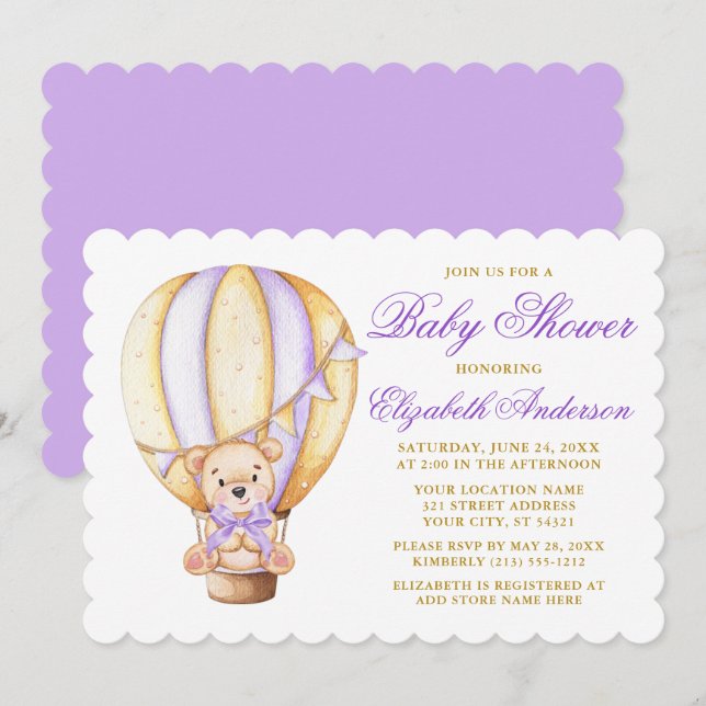 Watercolor Balloon Teddy Bear Purple Baby Shower Invitation (Front/Back)
