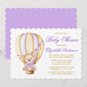 Watercolor Balloon Teddy Bear Purple Baby Shower Invitation