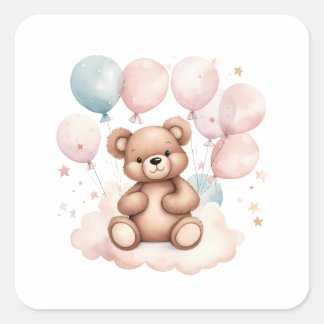 Watercolor Balloon Teddy Bear Square Sticker