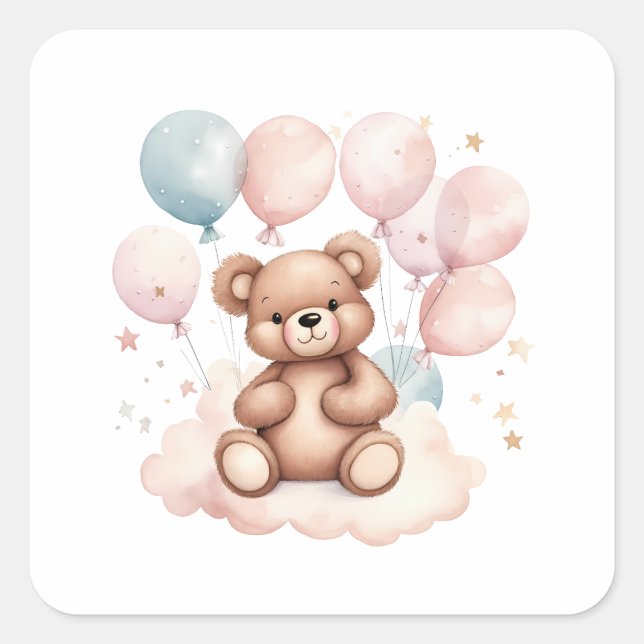 Watercolor Balloon Teddy Bear Square Sticker (Front)